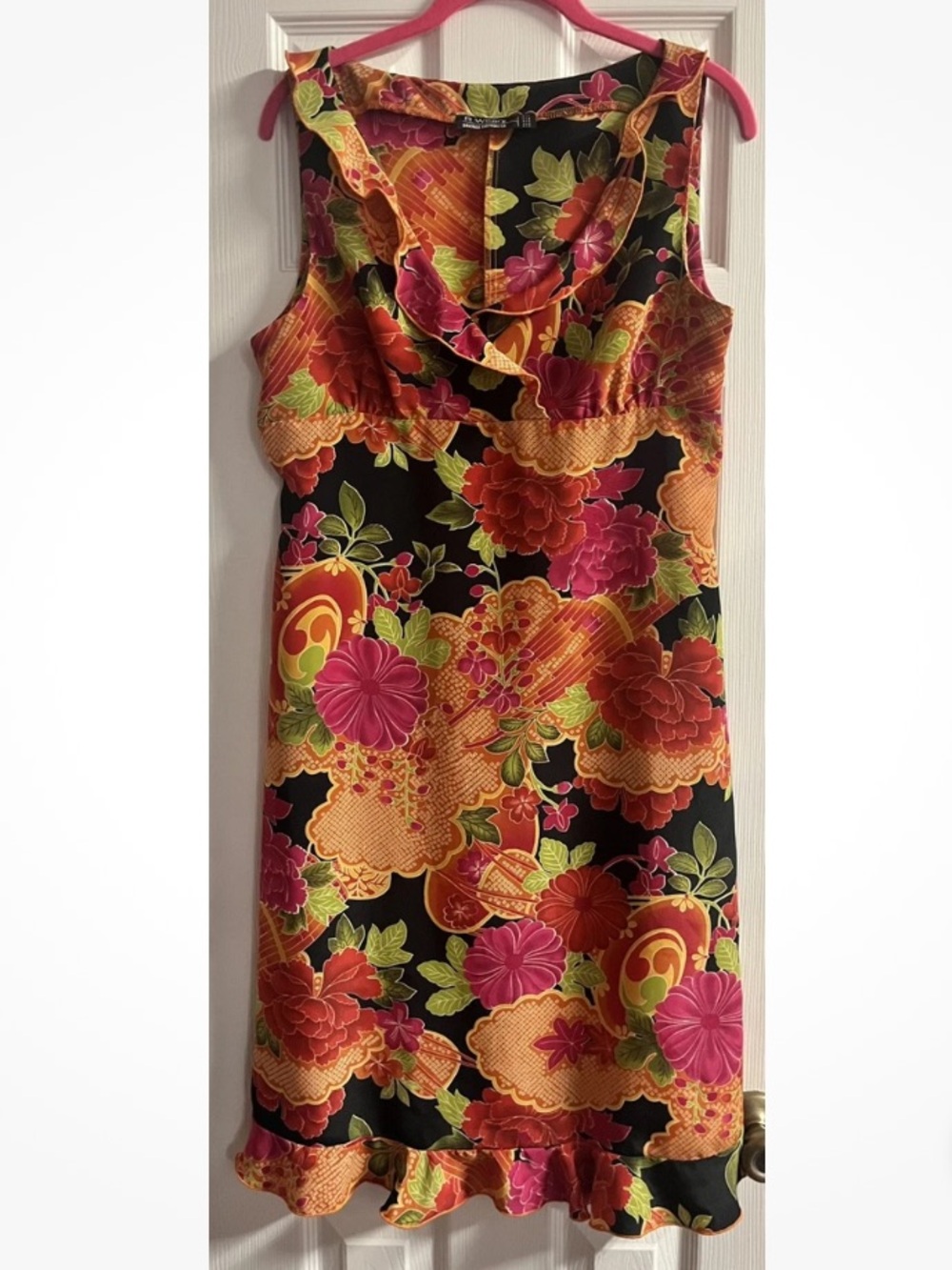 Vintage 90s Rampage Black Floral Ruffle Midi Dress with Pink & Orange Blooms